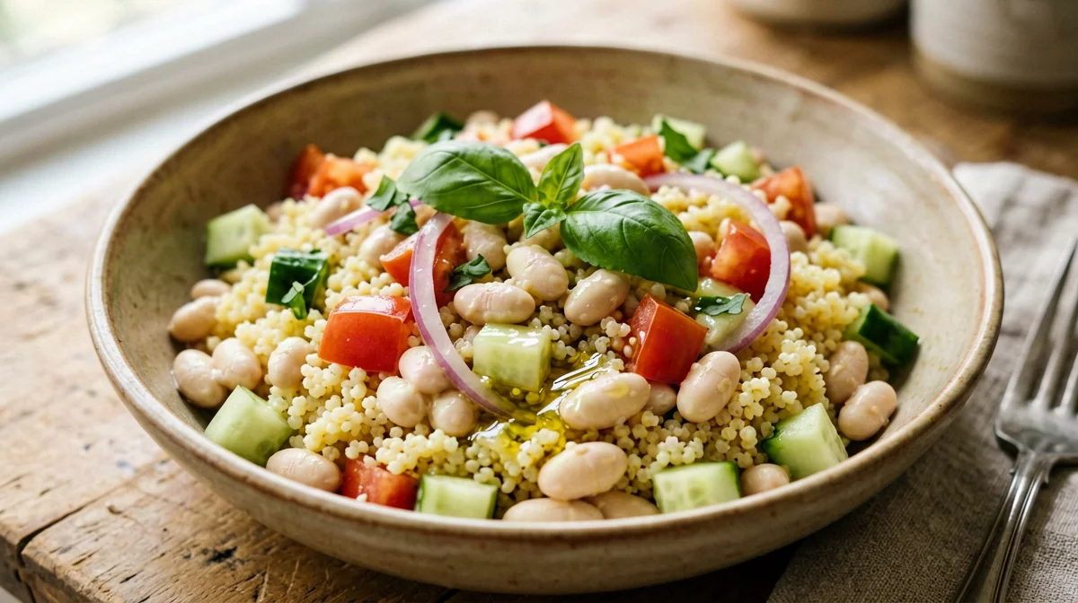 Insalata di miglio con cannellini, pomodori e basilico