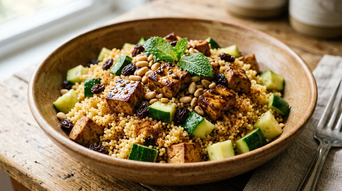 Couscous with marinated tofu, zucchini and raisins