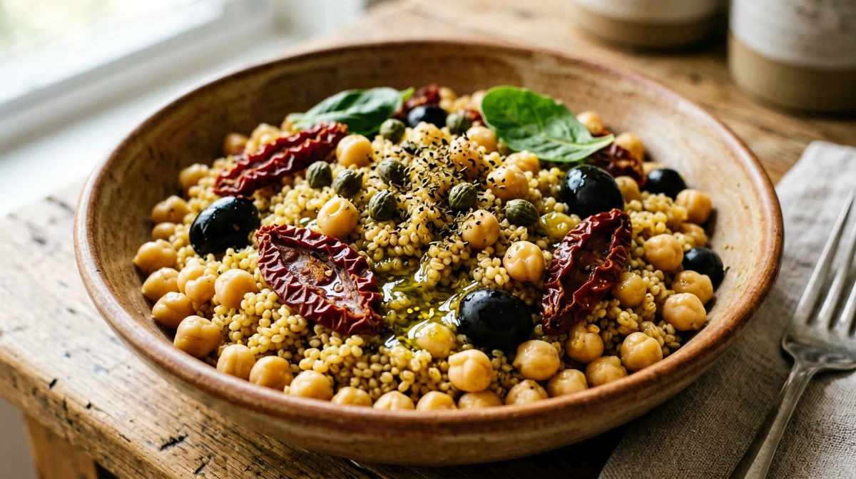 Kamut salad with chickpeas, sun-dried tomatoes and rocket