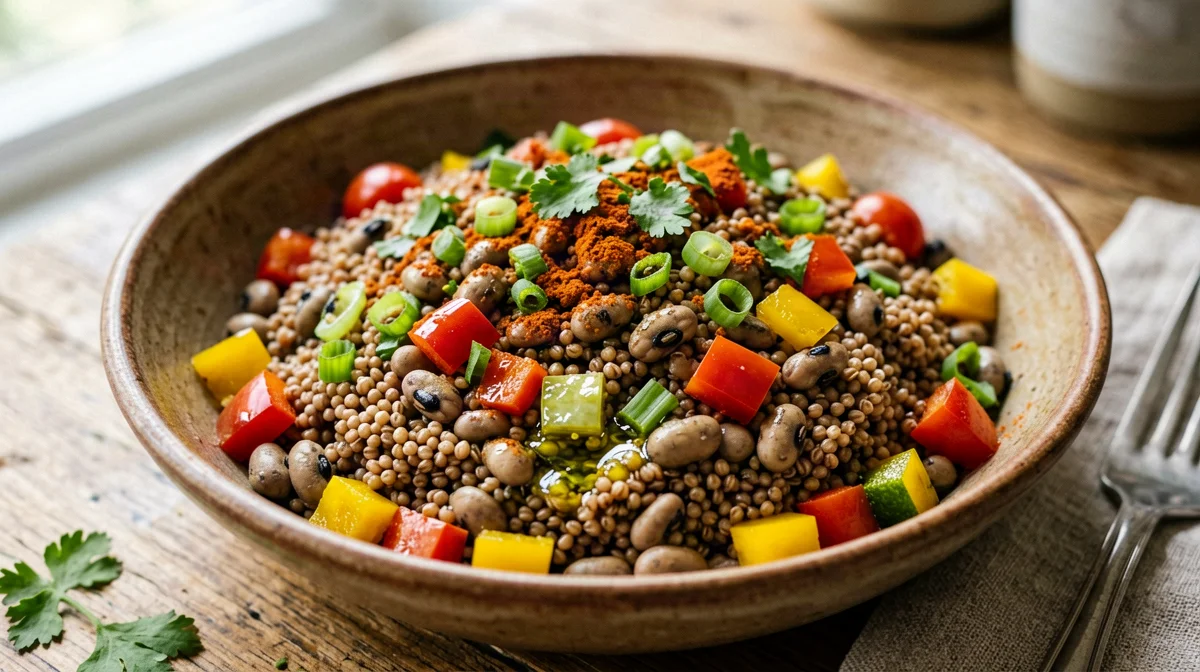 Teff salad with black-eyed peas, peppers and lime