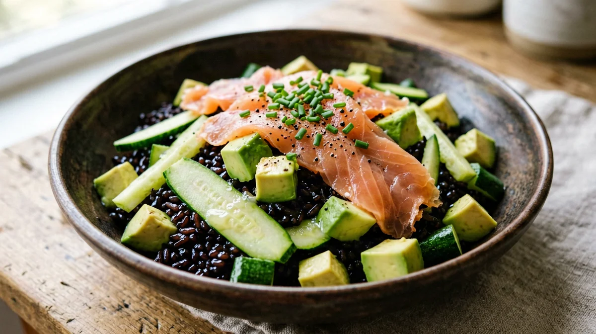 Venere rice salad with smoked salmon, avocado and zucchini