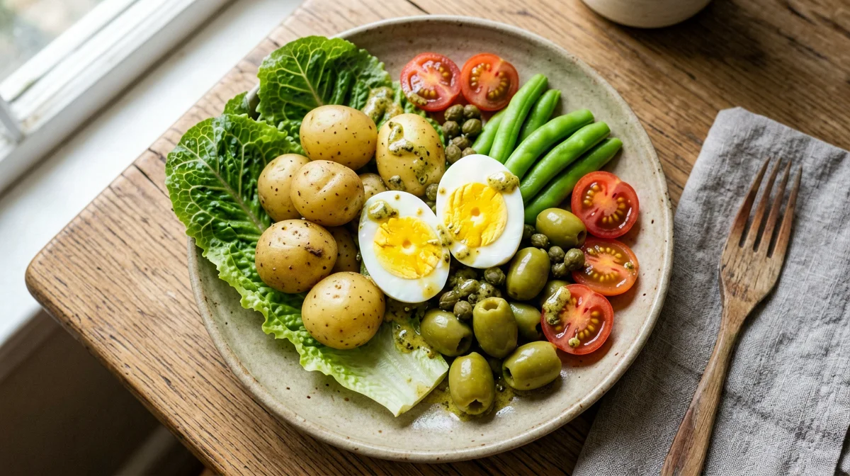 Vegetarian niçoise with eggs, broad beans and new potatoes
