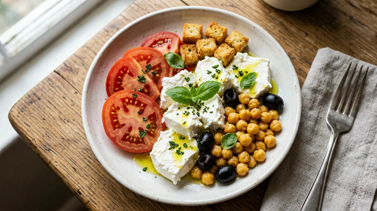 Buffalo caprese with mixed tomatoes, olives and croutons