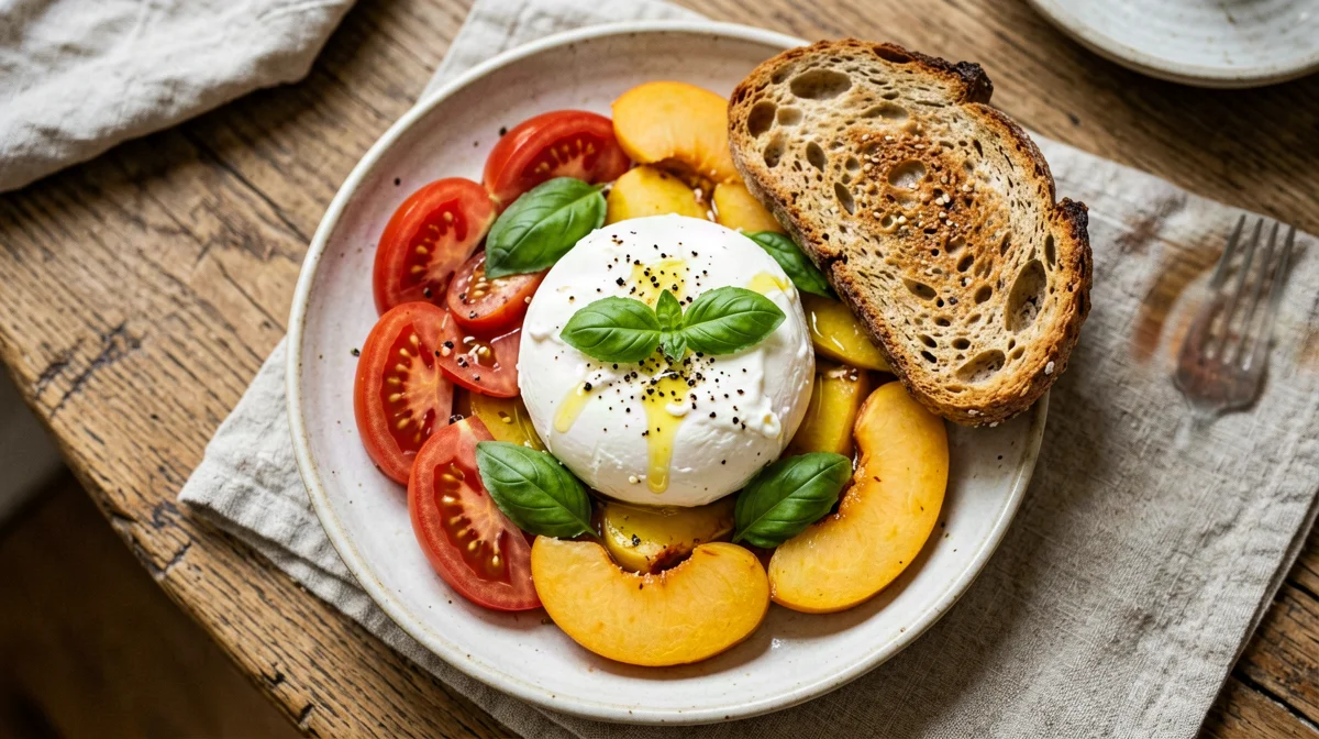 Burrata con pomodori, pesche e pane ai cereali tostato