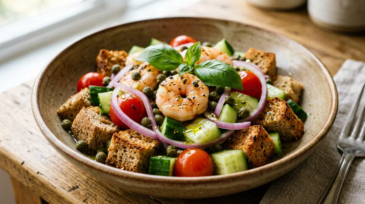 Seafood panzanella with shrimp and cherry tomatoes