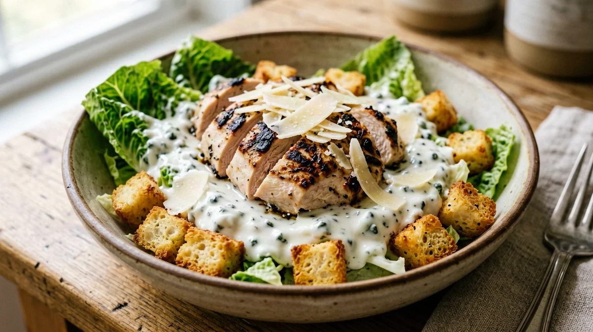 Light Caesar salad with grilled chicken and yogurt dressing