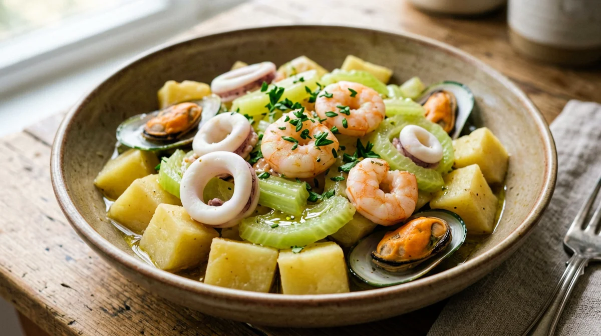 Warm seafood salad with potatoes and celery