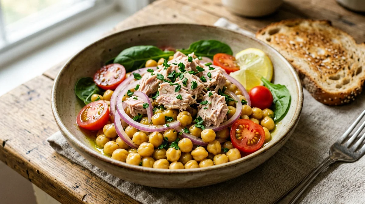 Insalata di ceci, tonno e cipolla rossa con pane integrale
