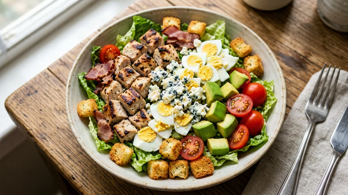 Light Cobb salad with chicken, egg, avocado and croutons