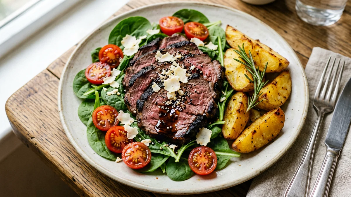 Sliced steak on rocket with cherry tomatoes and roast potatoes