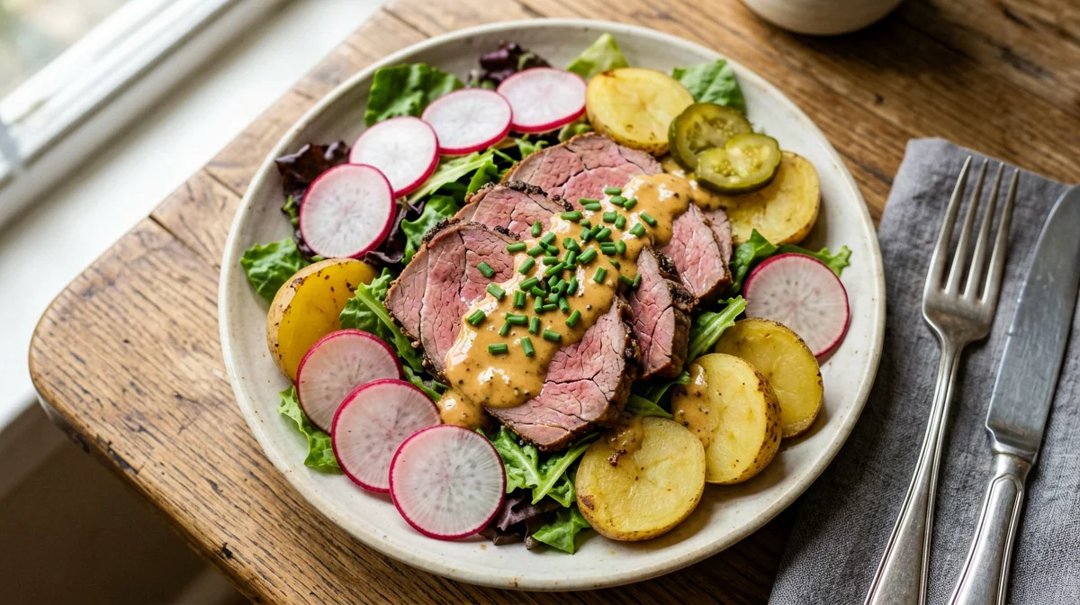 Roast beef salad with new potatoes and mustard