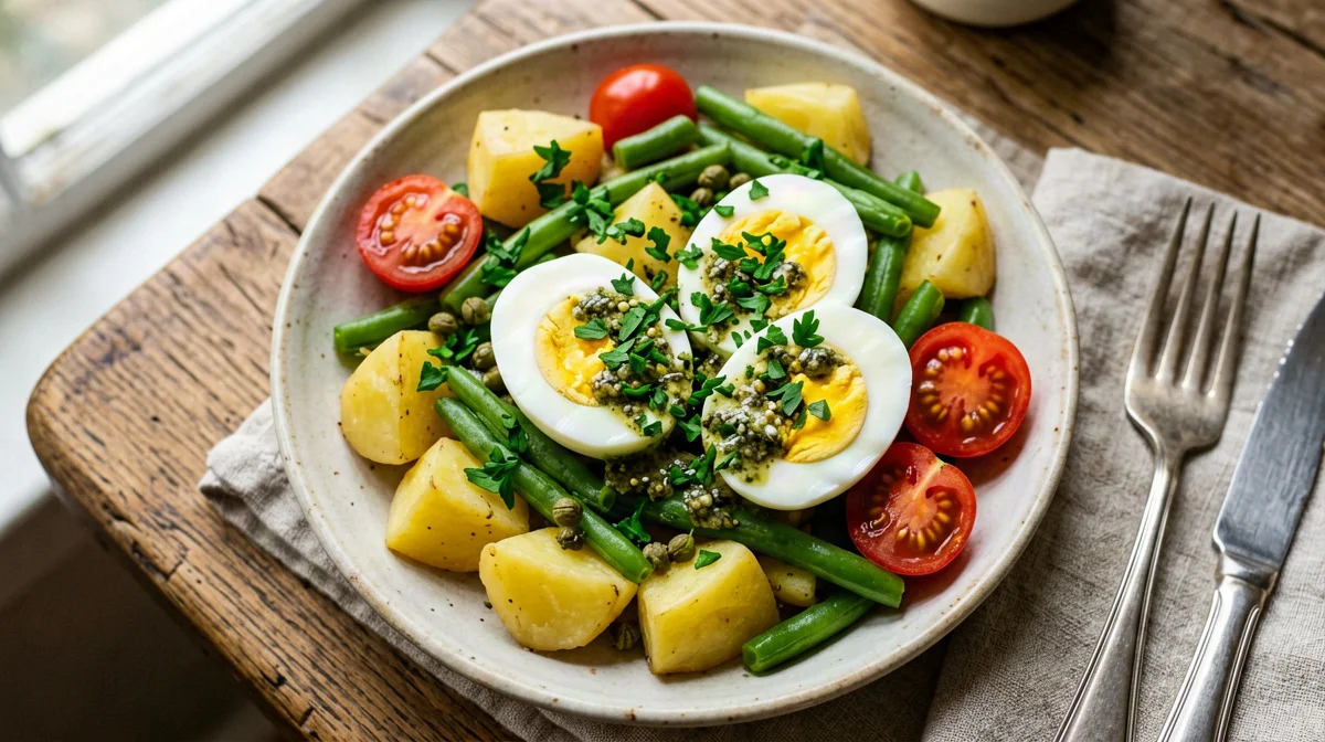 Insalata di patate, fagiolini, uova e salsa verde
