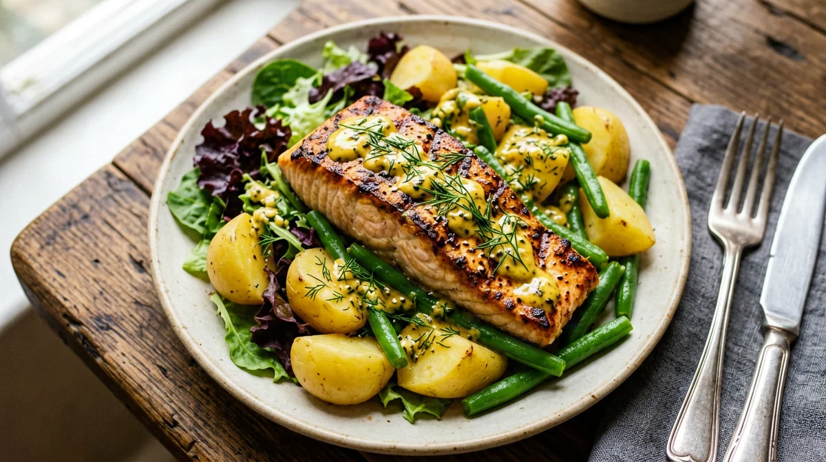 Insalata di salmone grigliato, patate e fagiolini alla senape
