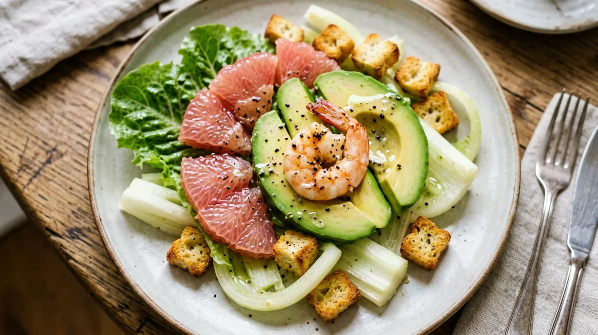 Shrimp, grapefruit and avocado salad with croutons