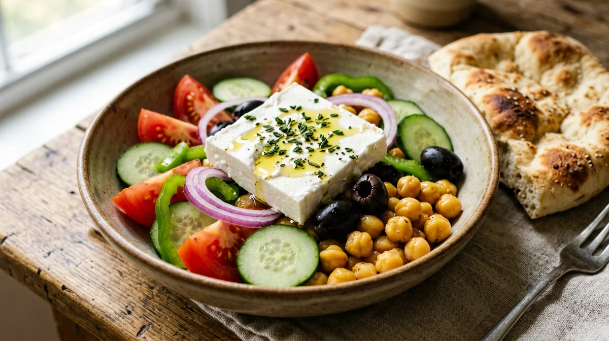 Insalata greca completa con feta, ceci e pita integrale