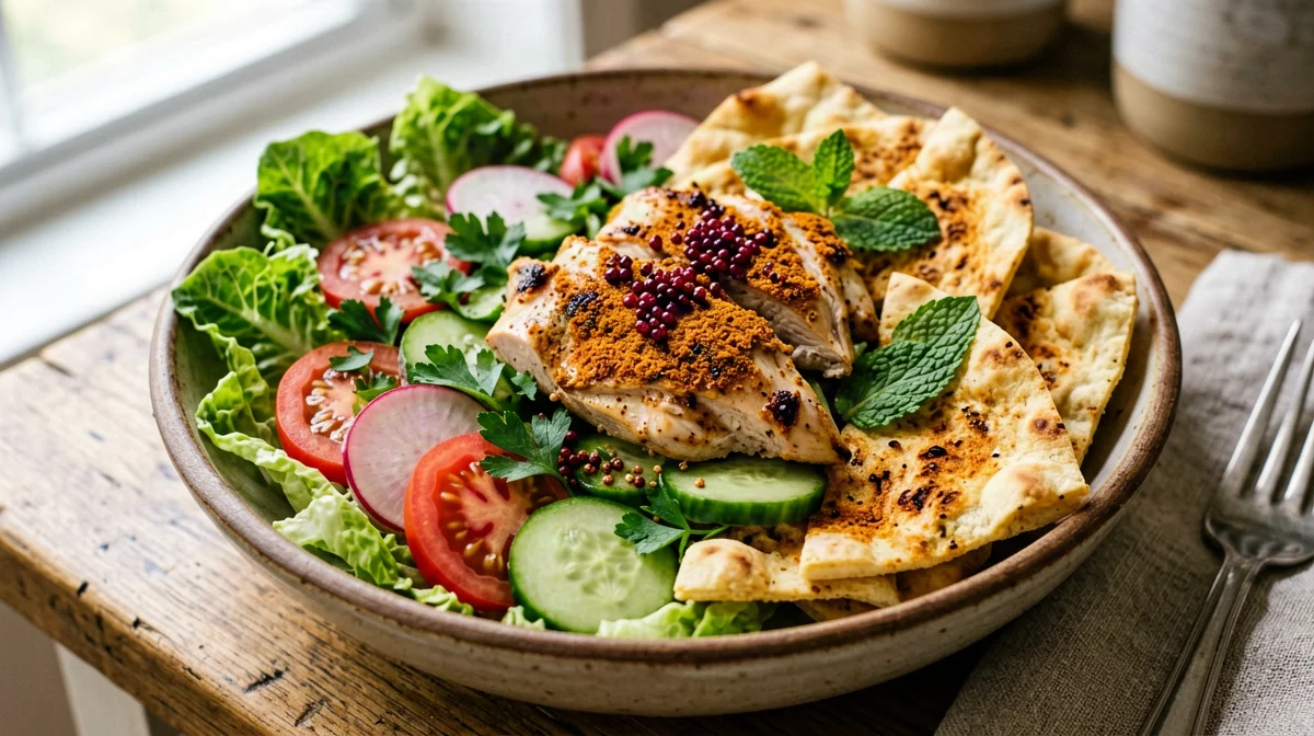 Lebanese fattoush with spiced chicken and crispy pita
