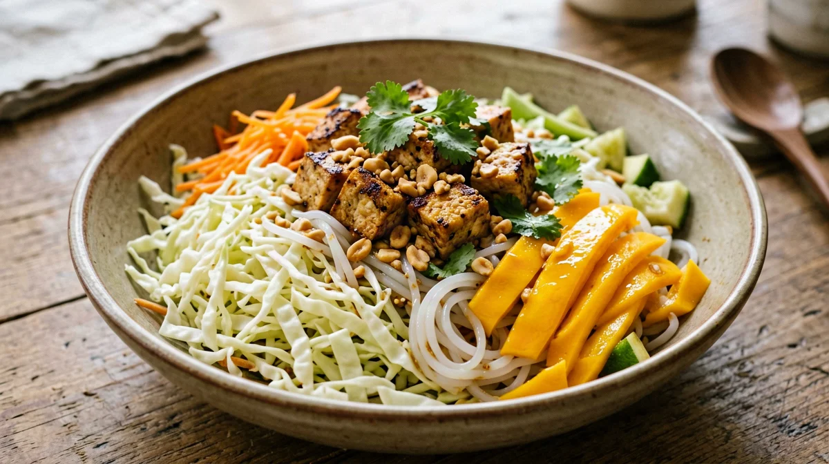 Crunchy cabbage salad with tofu, mango and peanuts