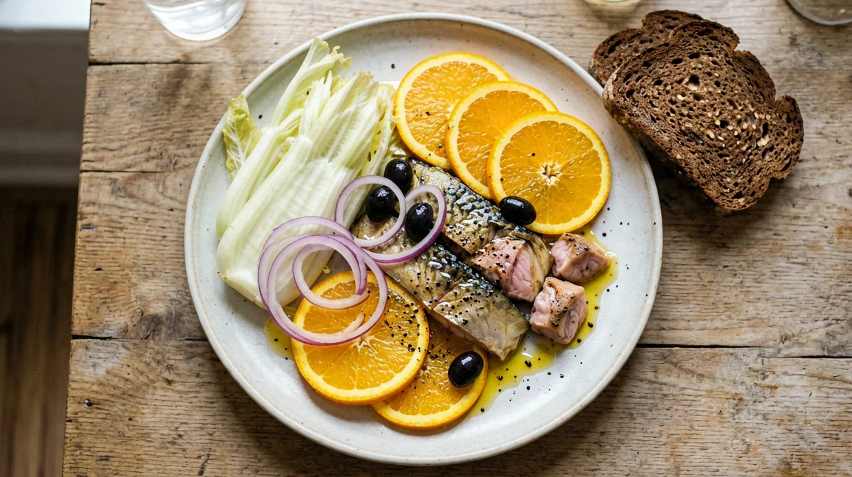Insalata siciliana di finocchi, arance, olive e sgombro