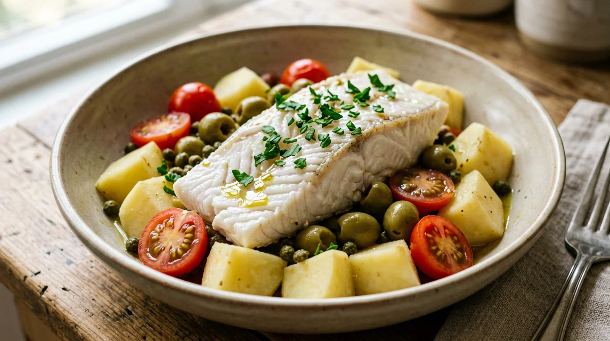 Cod, potato, olive and cherry tomato salad