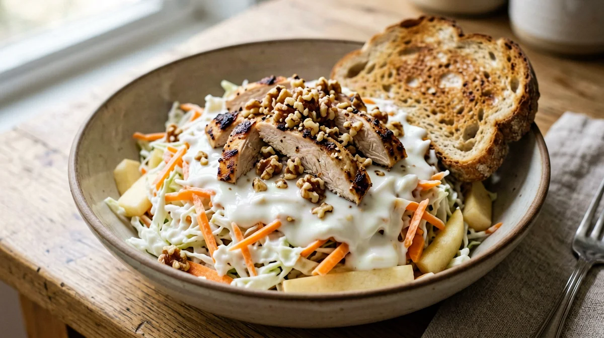 Chicken, cabbage, apple and walnut salad with yogurt dressing