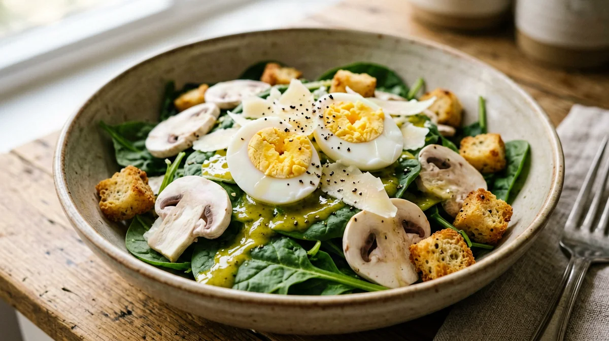 Insalata di spinaci, funghi crudi, uova e crostini
