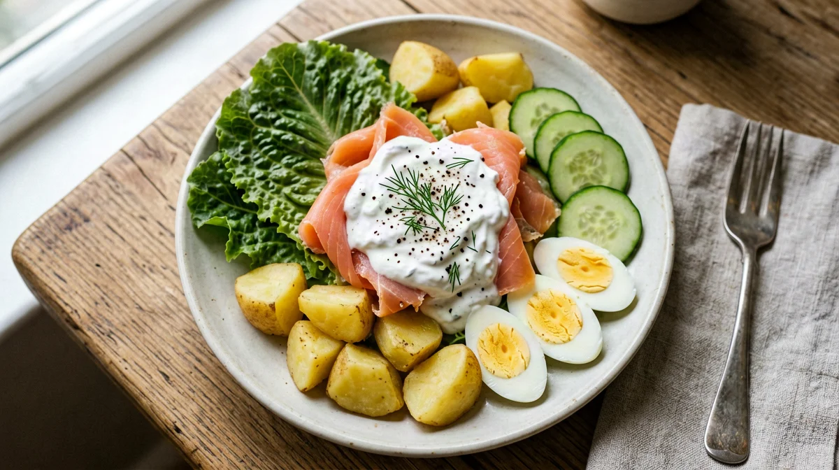 Nordic salad with lamb's lettuce, smoked salmon, egg and potatoes