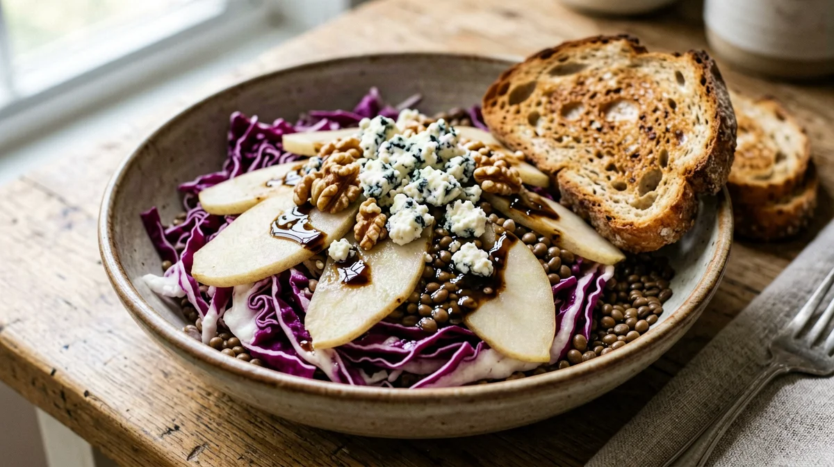 Radicchio, pear, gorgonzola and lentil salad