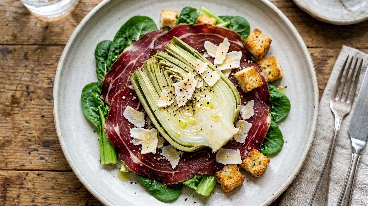 Insalata di carciofi crudi con bresaola, Grana e crostini