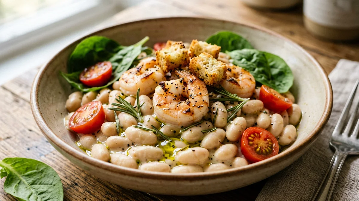 Insalata di cannellini e gamberi con rucola e crostini