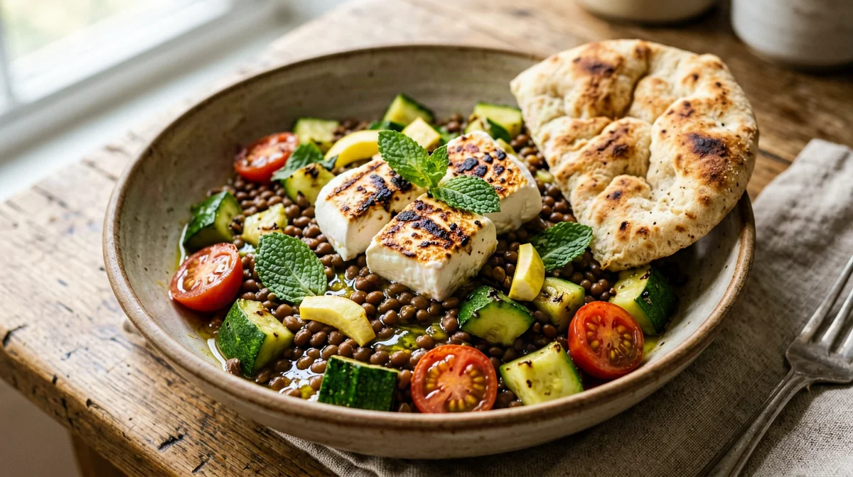 Insalata di halloumi, lenticchie, zucchine e menta con pita