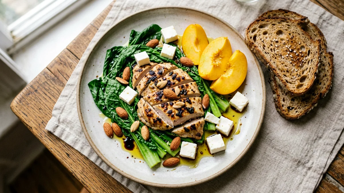 Chicken, peach, rocket and almond salad