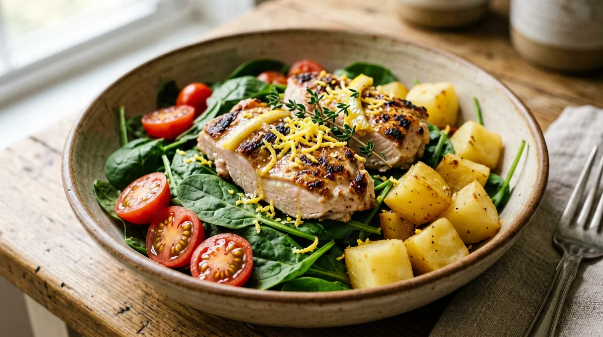 Insalata di tacchino al limone con patate e spinacini