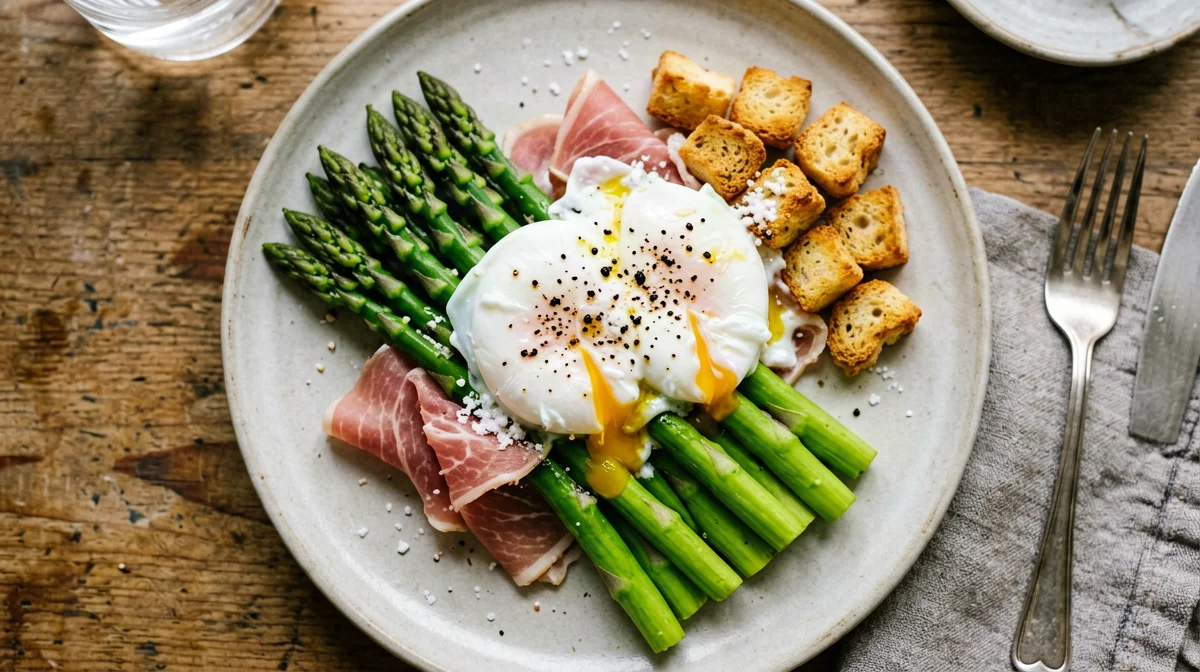 Asparagus, poached egg, prosciutto and croutons