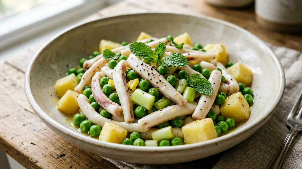 Warm cuttlefish, pea and potato salad