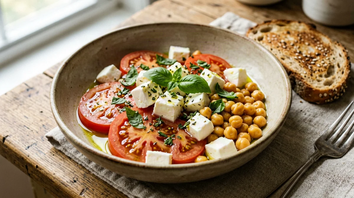 Chickpea caprese with light mozzarella and multigrain bread