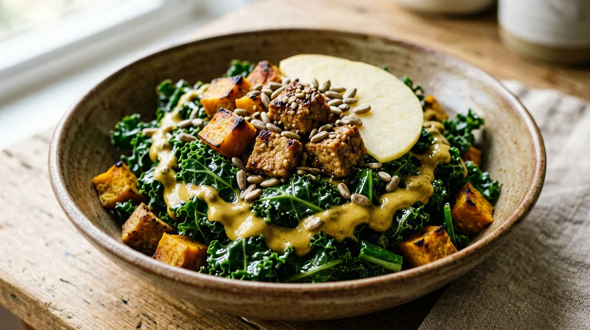 Tempeh, kale, apple and sweet potato salad