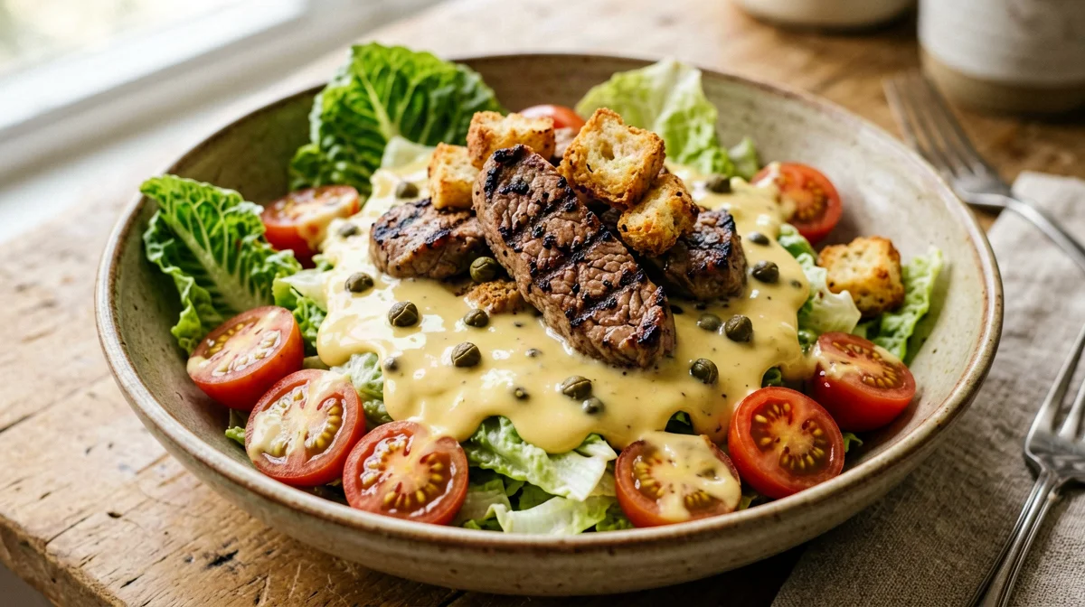 Vegan Caesar salad with grilled seitan and croutons