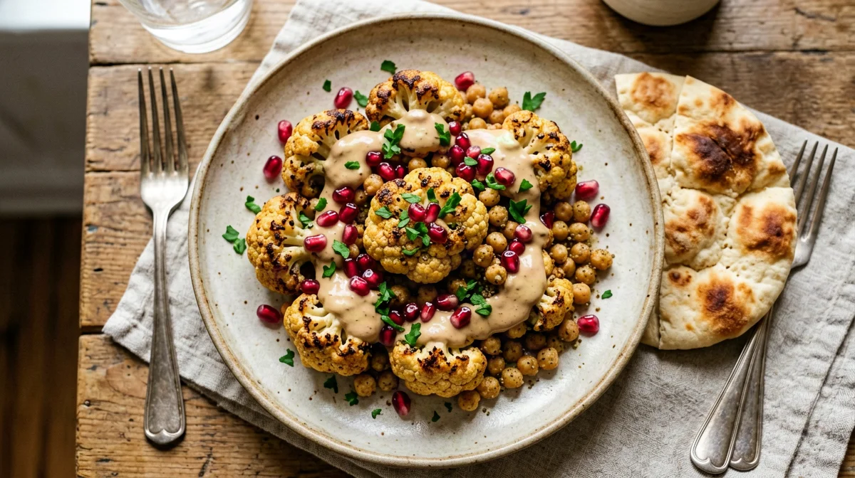 Roasted cauliflower, chickpea, pomegranate and tahini salad