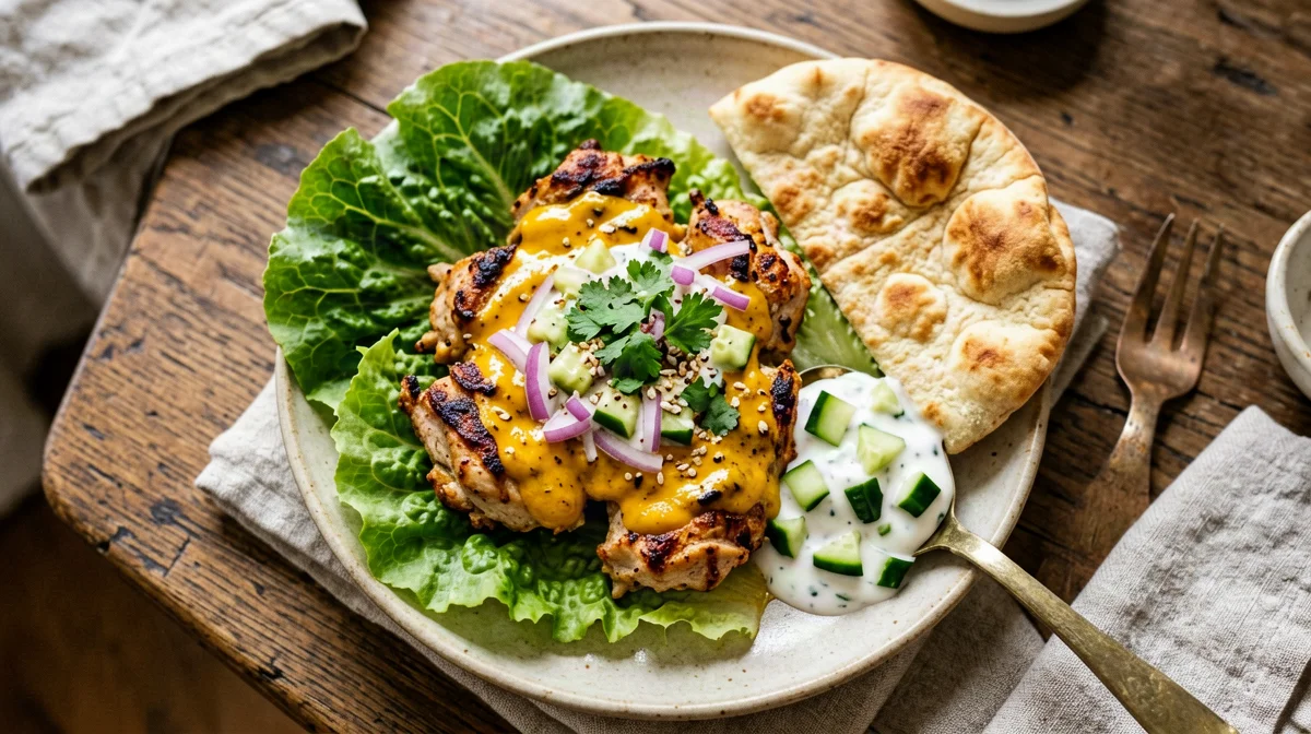 Tandoori chicken salad with cucumber, yogurt and pita