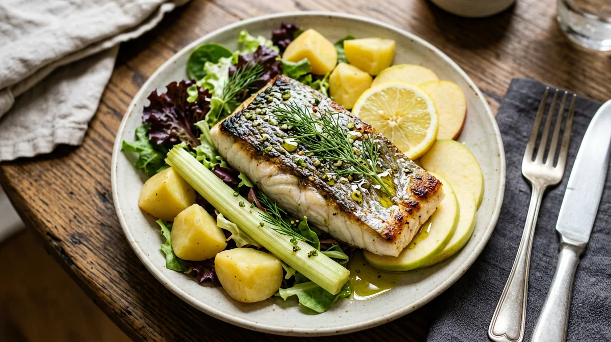 Grilled trout salad with potatoes, fennel and apple