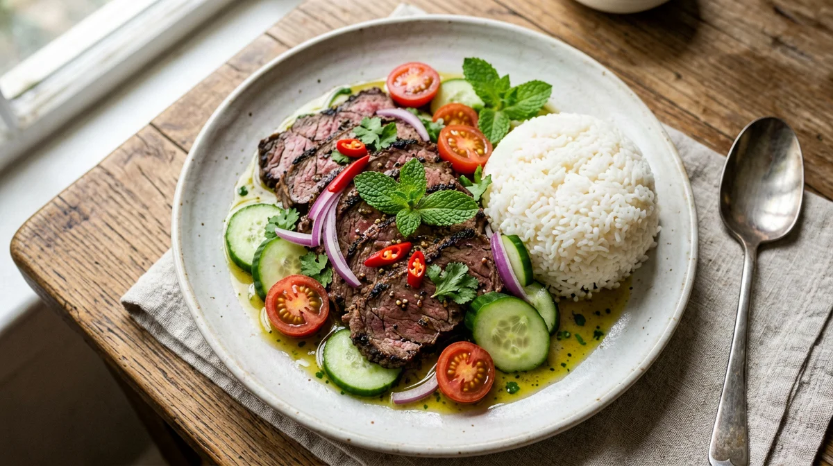 Thai beef salad with mint, cucumber and jasmine rice