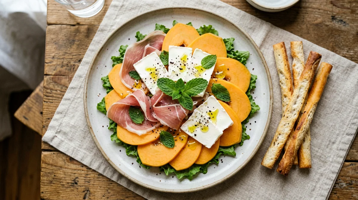 Summer plate of melon, prosciutto, fresh cheese and breadsticks