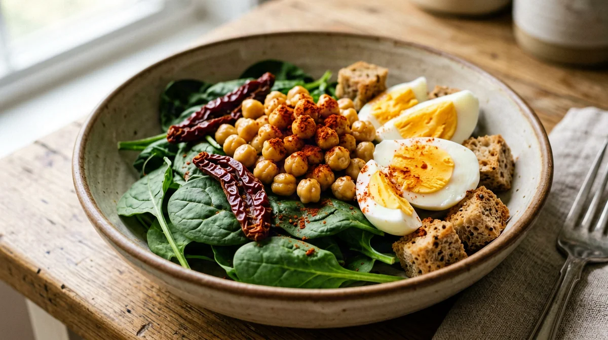 Crispy chickpea, spinach, egg and sun-dried tomato salad