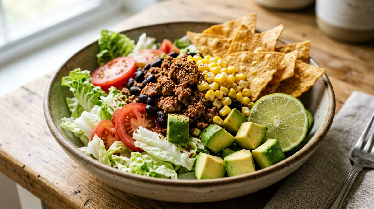 Taco salad with spiced turkey, black beans and crispy tortillas