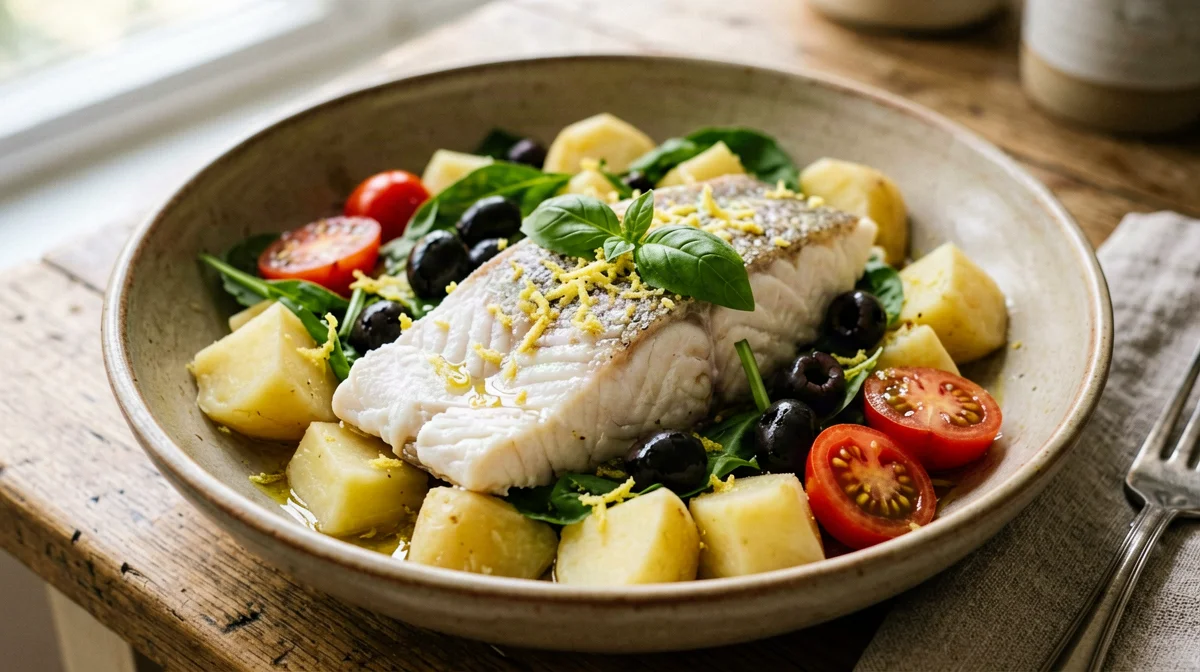 Insalata di branzino al vapore con patate, pomodorini e olive