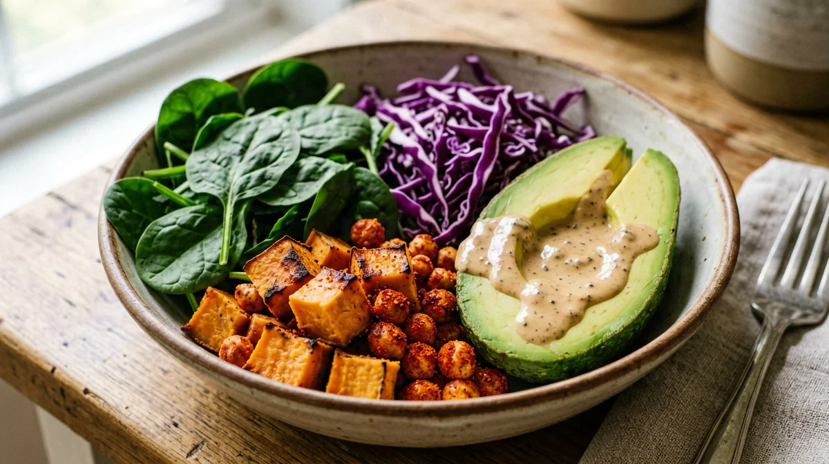 Buddha bowl with roasted chickpeas, sweet potato, avocado and tahini
