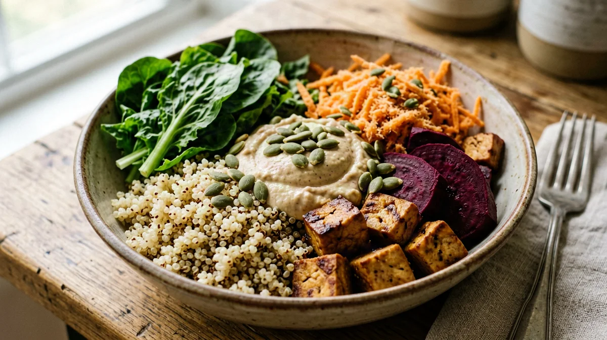 Buddha bowl with tofu, quinoa, beetroot and hummus