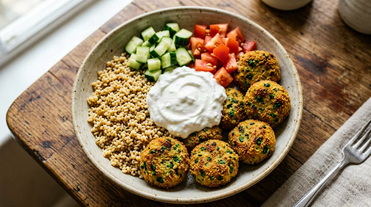 Bowl di falafel al forno con bulgur, cetriolo e salsa allo yogurt
