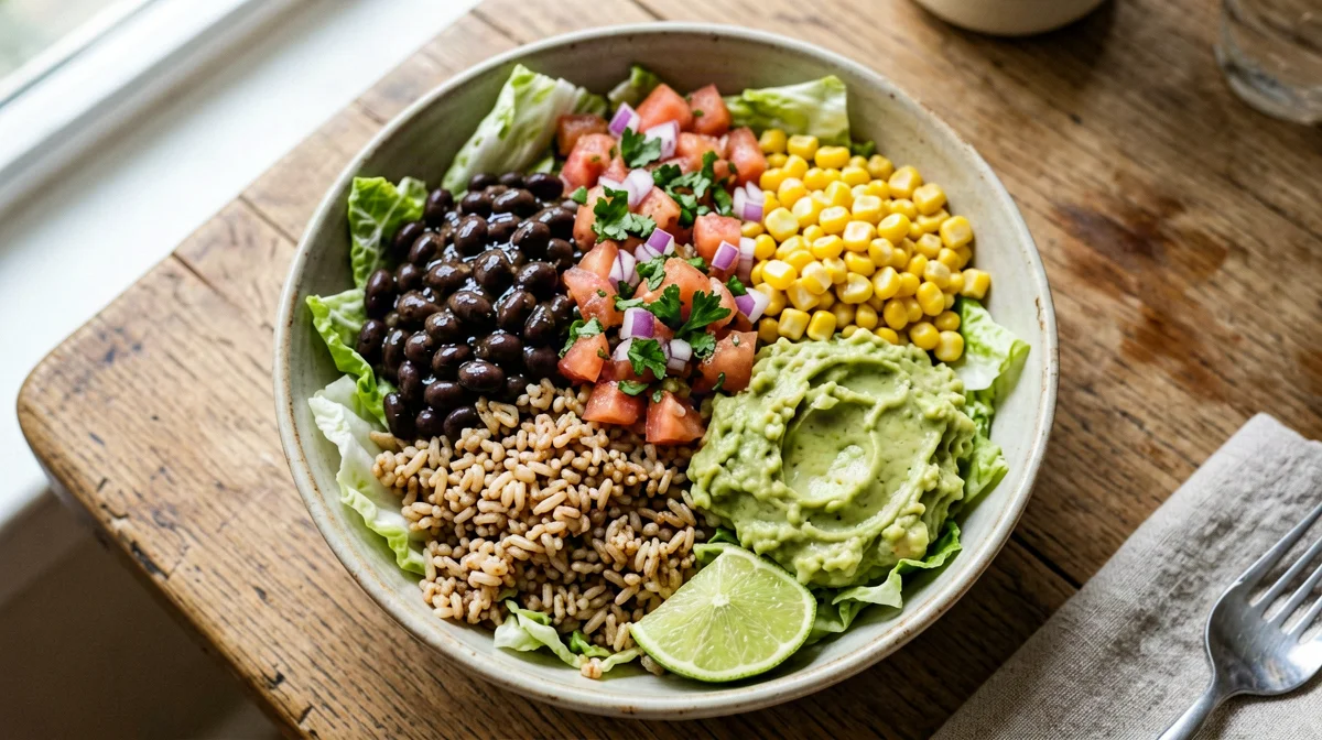 Vegan burrito bowl with black beans, brown rice and guacamole