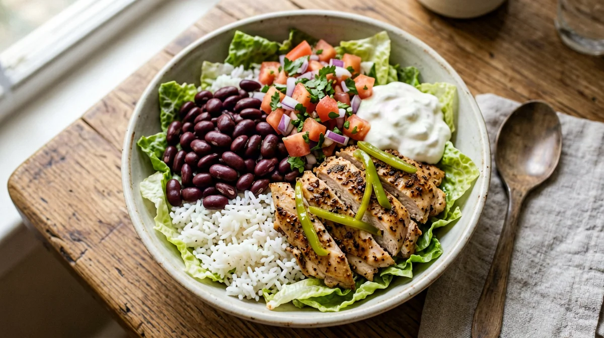 Burrito bowl di pollo con riso, fagioli rossi e pico de gallo